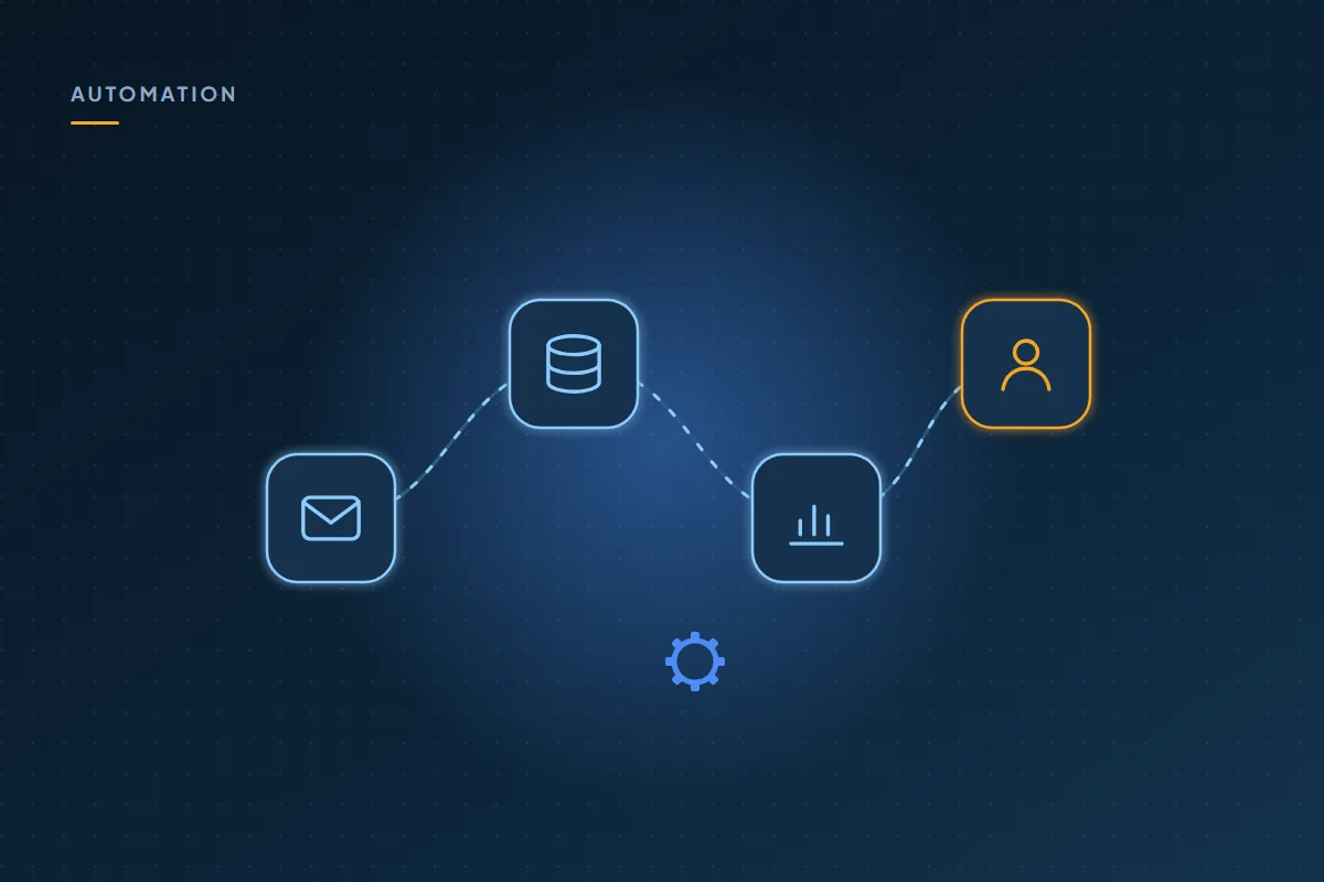 Illustration: an email, a database and a report connected in an automated flow that ends with a person