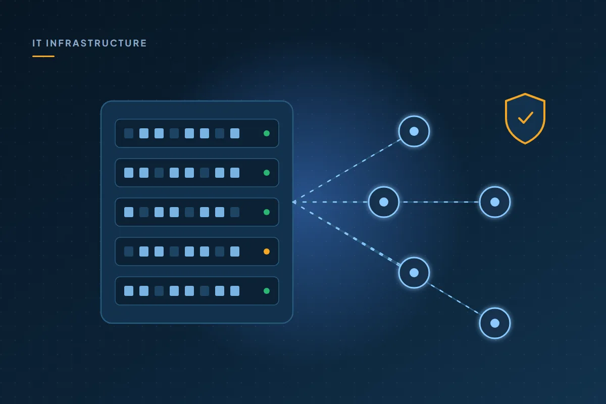 Illustration: a server rack connected to network points, with a security shield