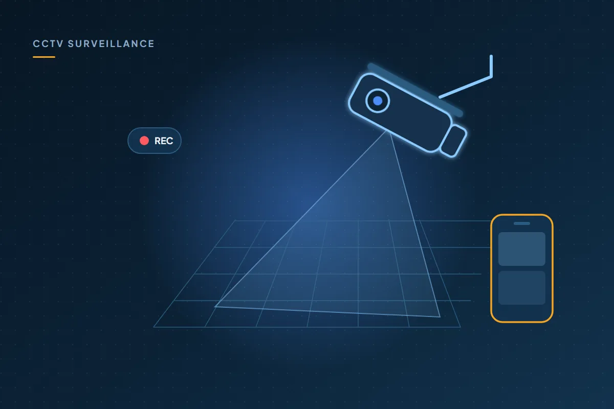 Illustration: a CCTV camera covering an area, with the recording viewable on a phone