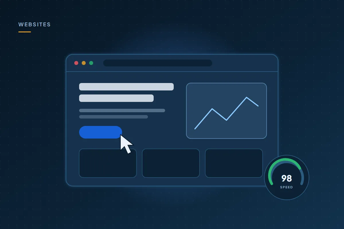 Illustration: a website layout in a browser window, with a page-speed gauge